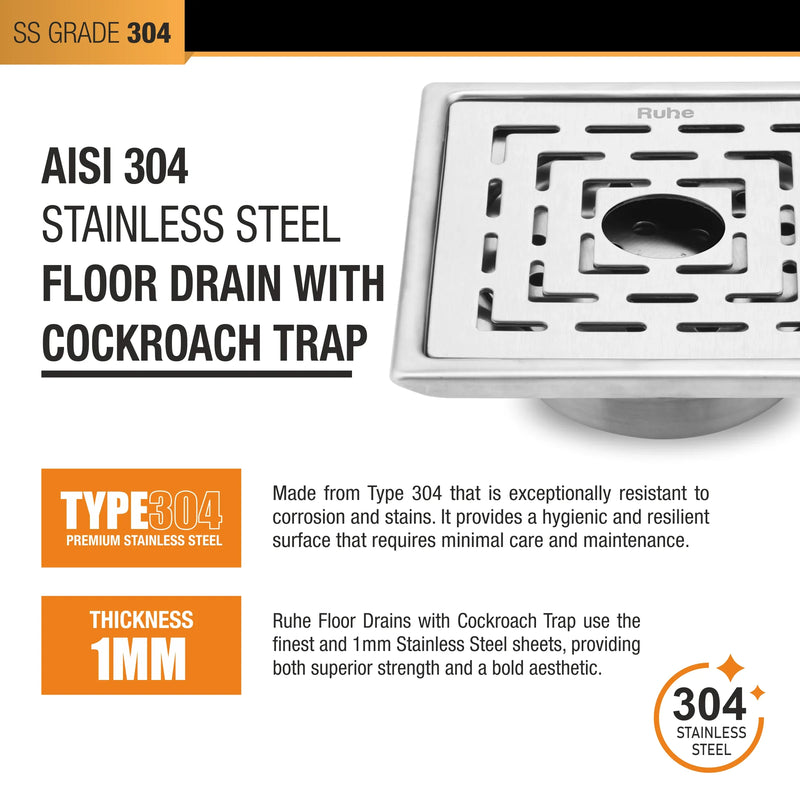 Sapphire Square 304-Grade Floor Drain with Collar, Hole & Cockroach Trap (5 x 5 Inches) - by Ruhe