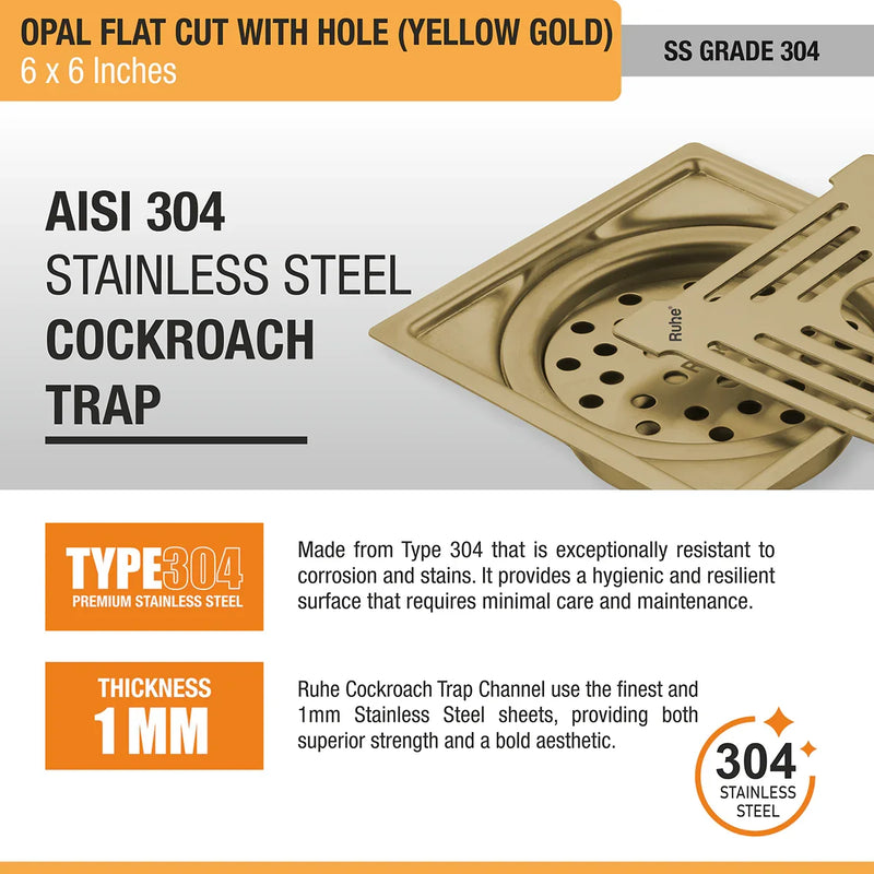 Opal Square Flat Cut Floor Drain in Yellow Gold PVD Coating (6 x 6 Inches) with Hole - by Ruhe