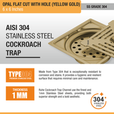 Opal Square Flat Cut Floor Drain in Yellow Gold PVD Coating (6 x 6 Inches) with Hole stainless steel