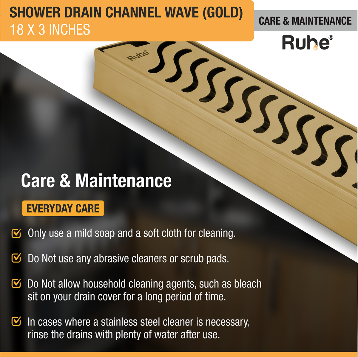 Wave Shower Drain Channel (18 x 3 Inches) YELLOW GOLD PVD Coated - by Ruhe®