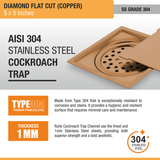 Diamond Square Flat Cut Floor Drain in Antique Copper PVD Coating (5 x 5 Inches) stainless steel