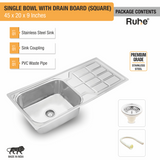 Square Single Bowl (45 x 20 x 9 Inches) Premium Stainless Steel Kitchen Sink with Drainboard package content