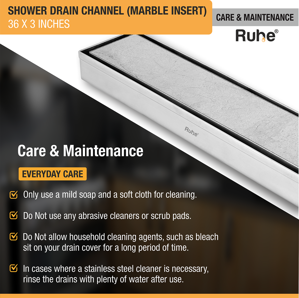 Marble Insert Shower Drain Channel (36 x 3 Inches) with Cockroach Trap (304 Grade) - by Ruhe®