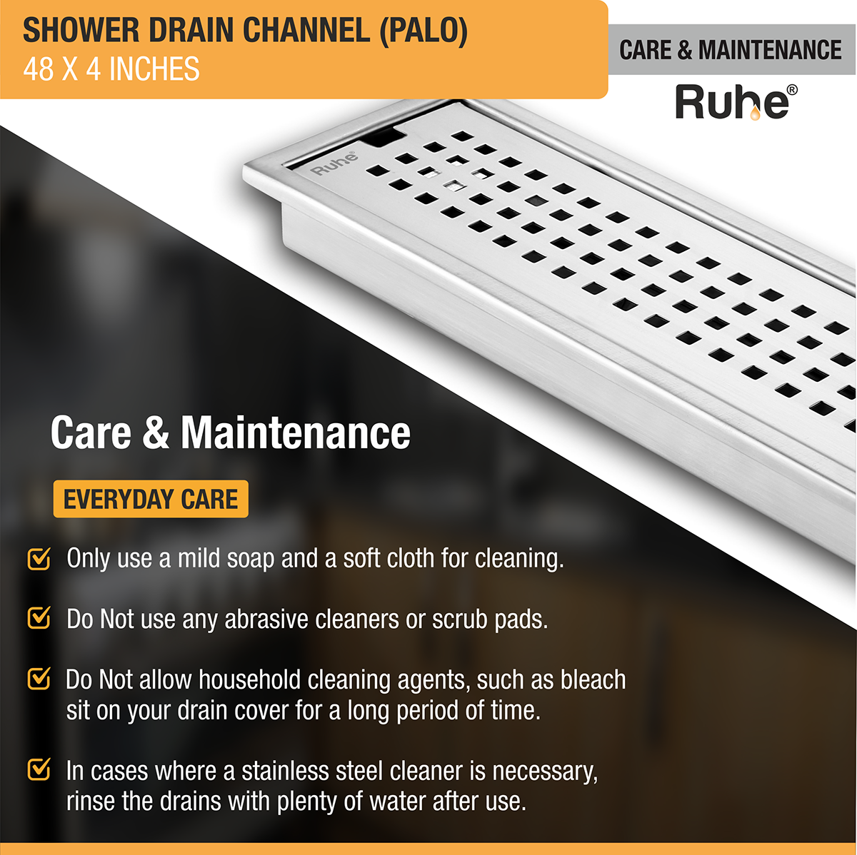 Palo Shower Drain Channel (48 x 4 Inches) with Cockroach Trap (304 Grade) - by Ruhe®