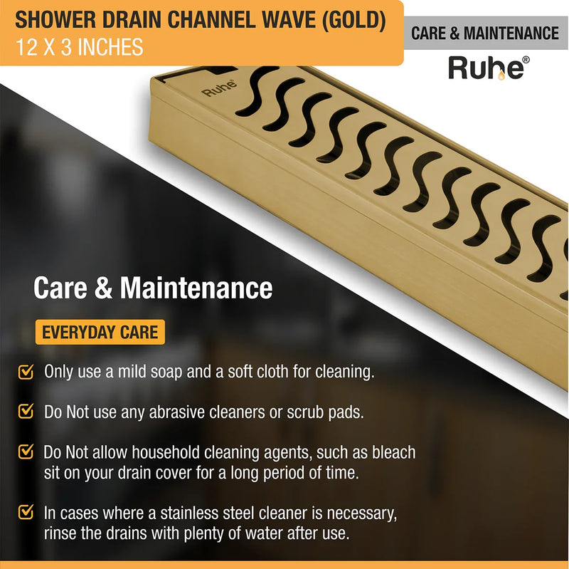 Wave Shower Drain Channel (12 x 3 Inches) YELLOW GOLD PVD Coated - by Ruhe