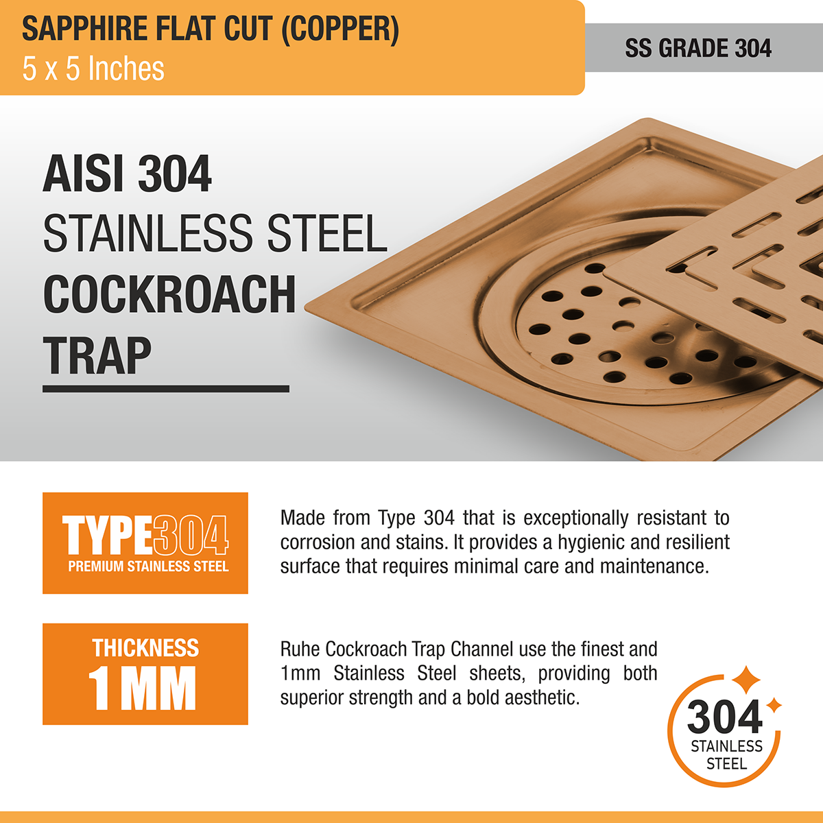 Sapphire Square Flat Cut Floor Drain in Antique Copper PVD Coating (5 x 5 Inches) stainless steel