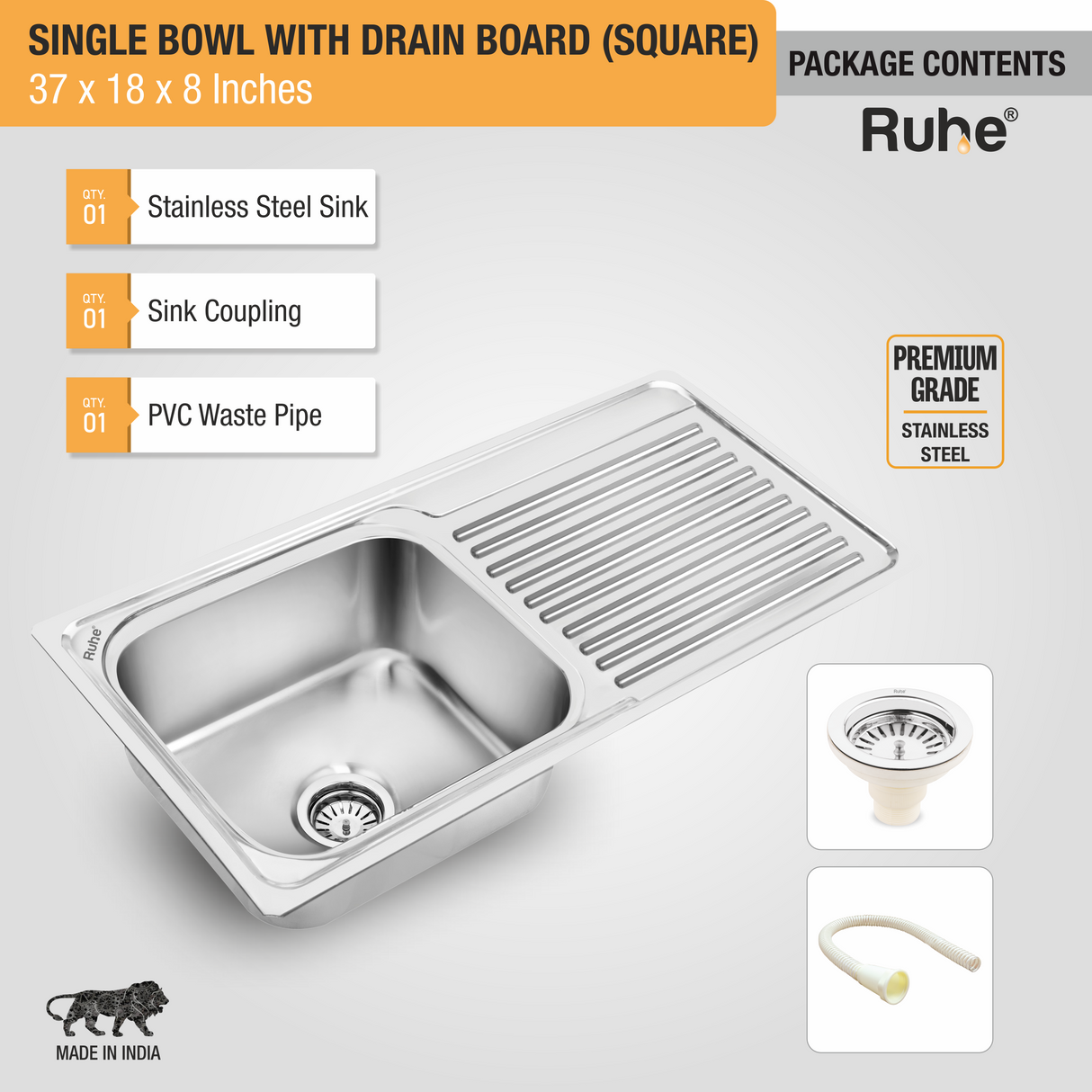 Square Single Bowl (37 x 18 x 8 Inches) Premium Stainless Steel Kitchen Sink with Drainboard package content
