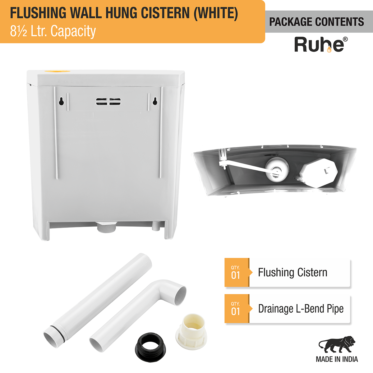 Flushing Wall Hung Cistern 8.5 Ltr. (White) package content