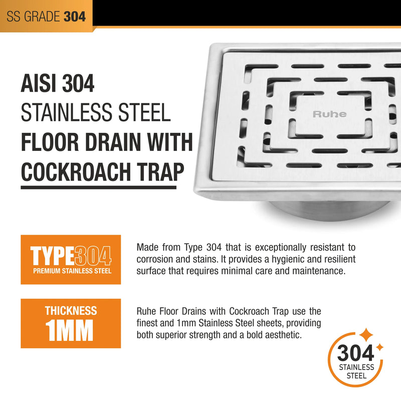 Sapphire Square 304-Grade Floor Drain with Collar & Cockroach Trap (5 x 5 Inches) - by Ruhe