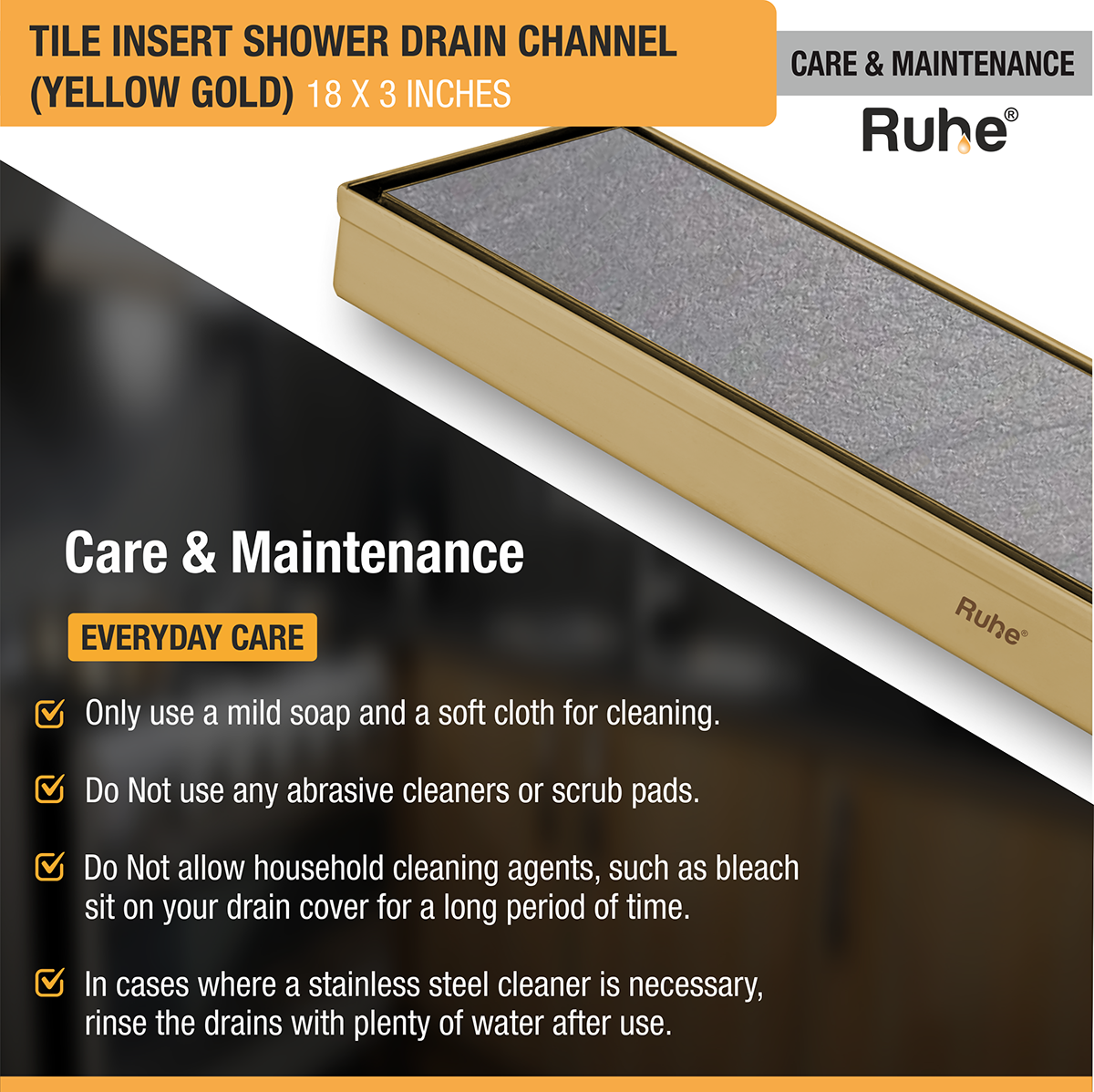 Tile Insert Shower Drain Channel (18 x 3 Inches) YELLOW GOLD PVD Coated - by Ruhe®