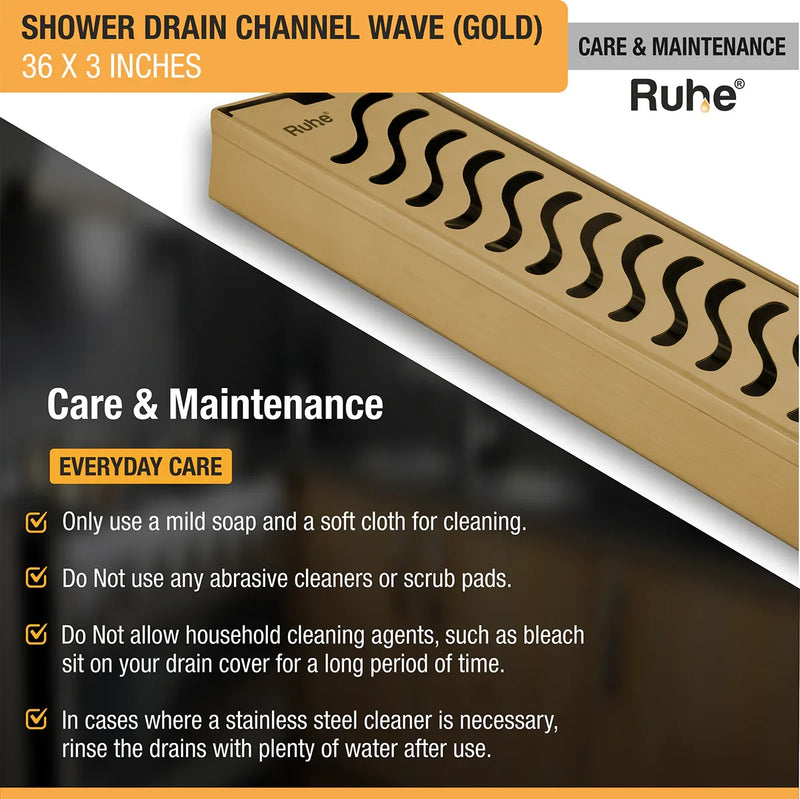 Wave Shower Drain Channel (36 x 3 Inches) YELLOW GOLD PVD Coated - by Ruhe