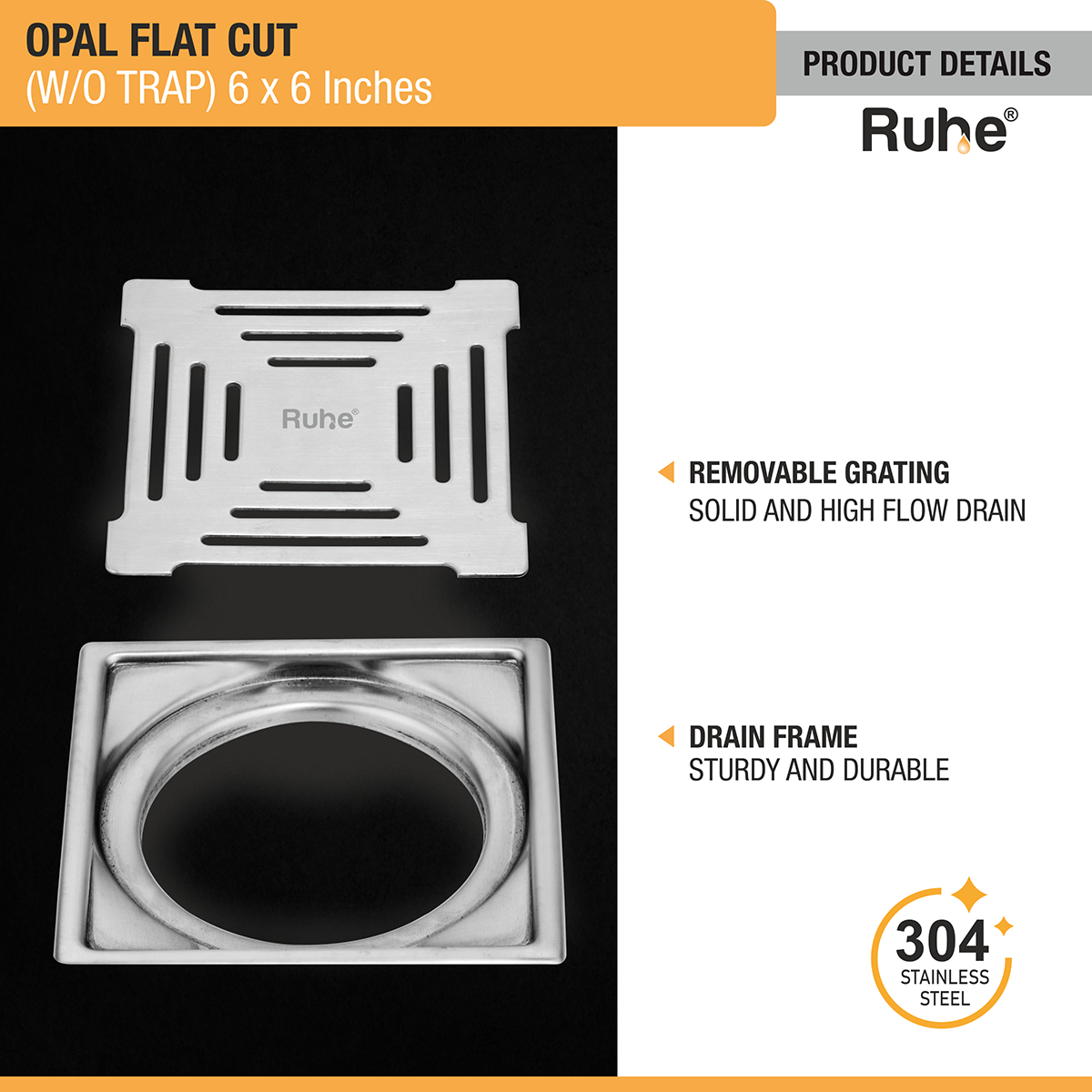 Opal Square Flat Cut 304-Grade Floor Drain (6 x 6 Inches) with removable grating and drain frame