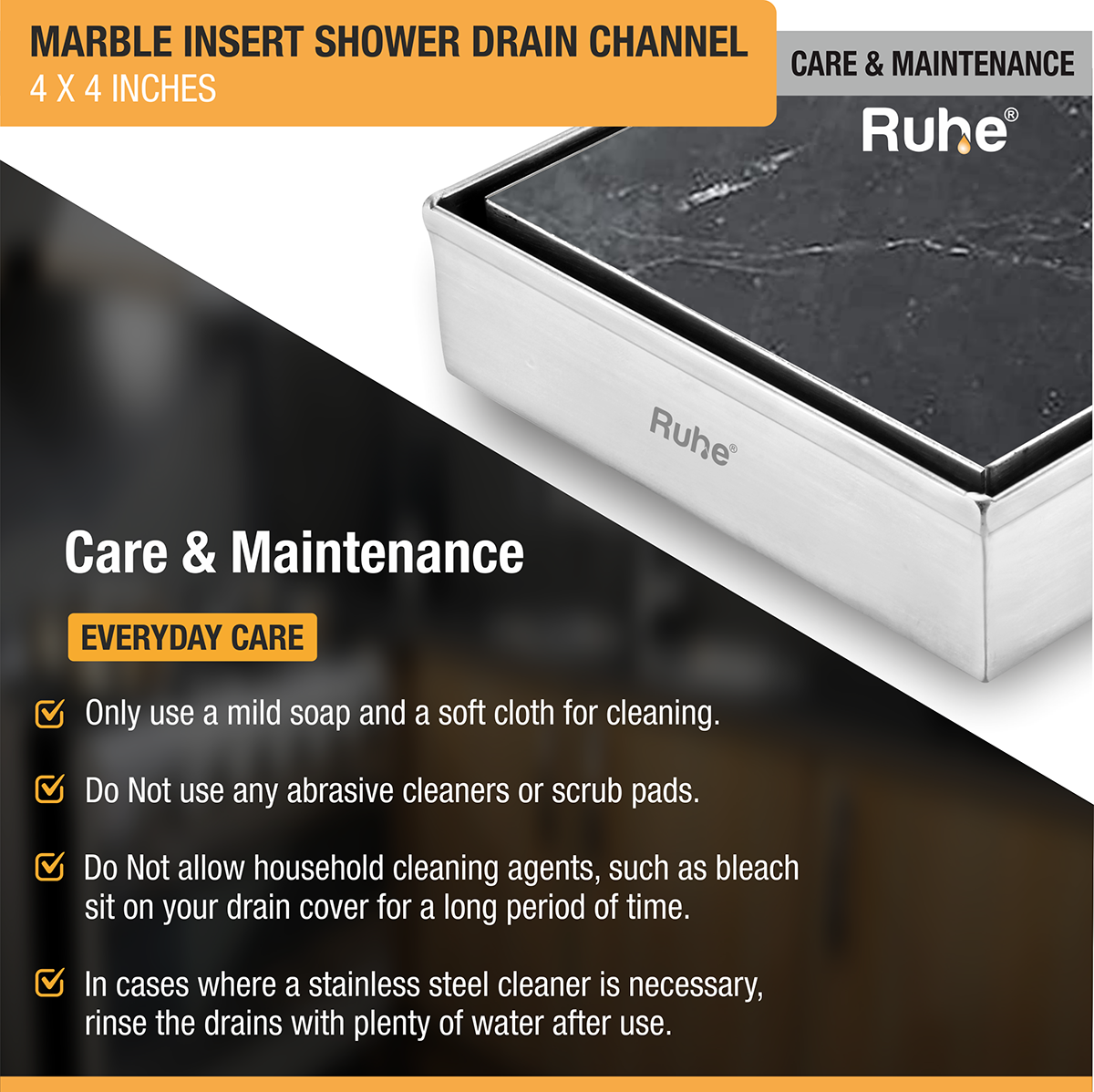 Marble Insert Shower Drain Channel (4 x 4 Inches) with Cockroach Trap (304 Grade) - by Ruhe®