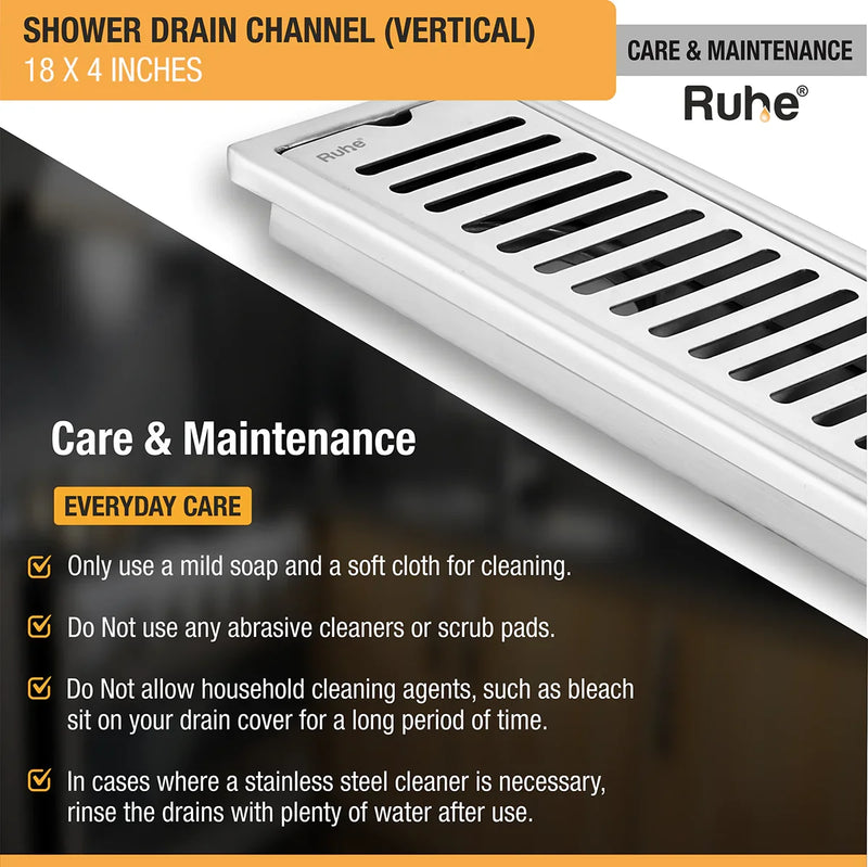 Vertical Shower Drain Channel (18 x 4 Inches) with Cockroach Trap (304 Grade) - by Ruhe