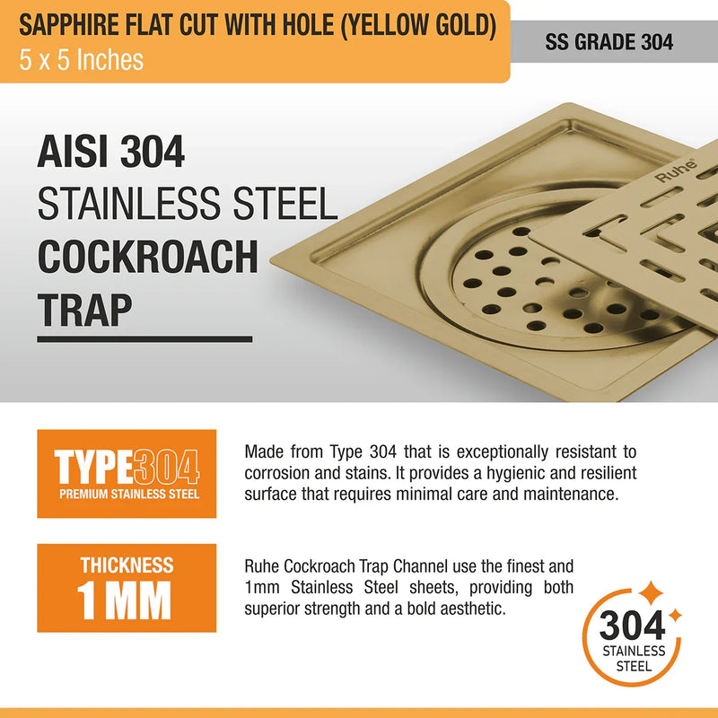 Sapphire Square Flat Cut Floor Drain in Yellow Gold PVD Coating (5 x 5 Inches) with Hole - by Ruhe