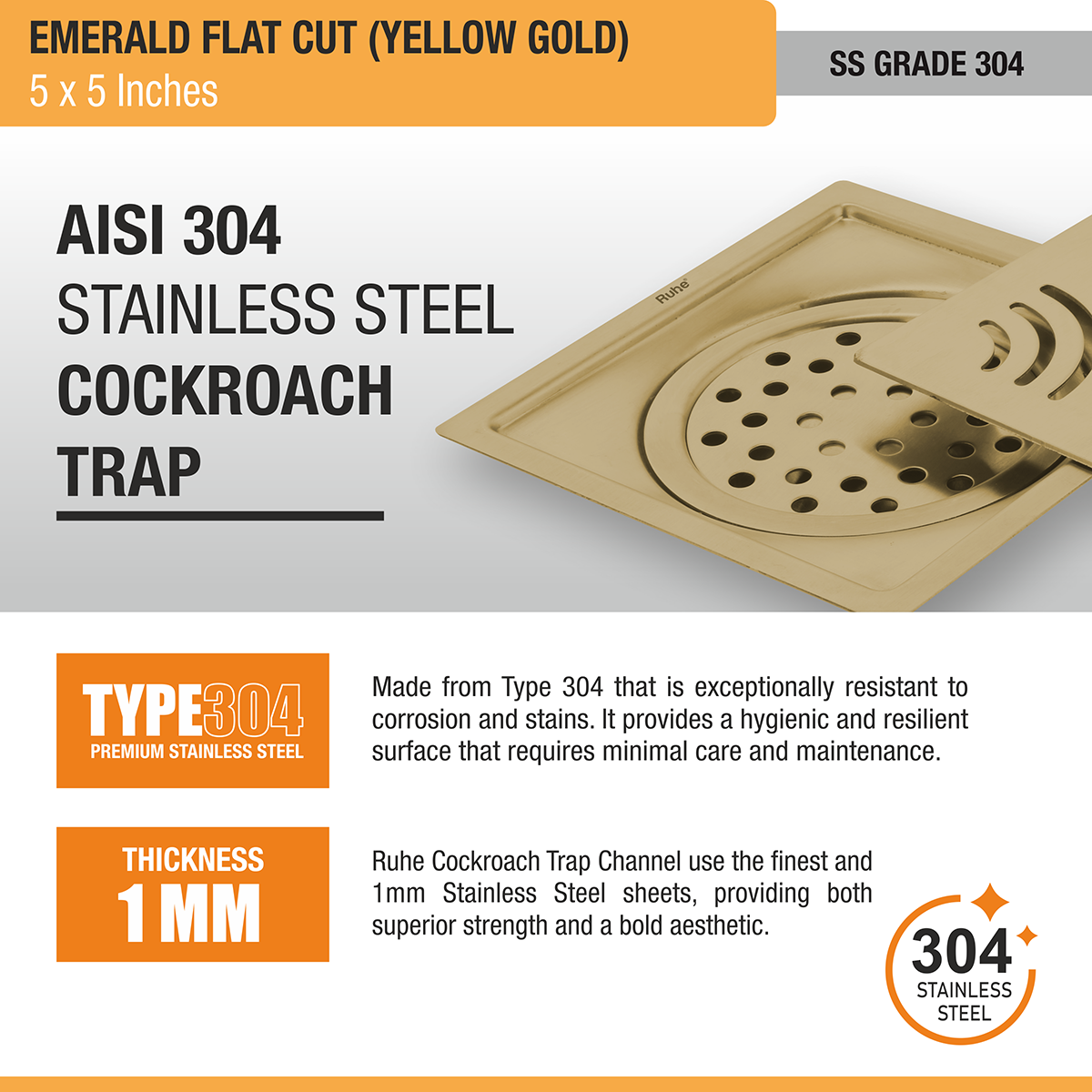 Emerald Square Flat Cut Floor Drain in Yellow Gold PVD Coating (5 x 5 Inches) stainless steel