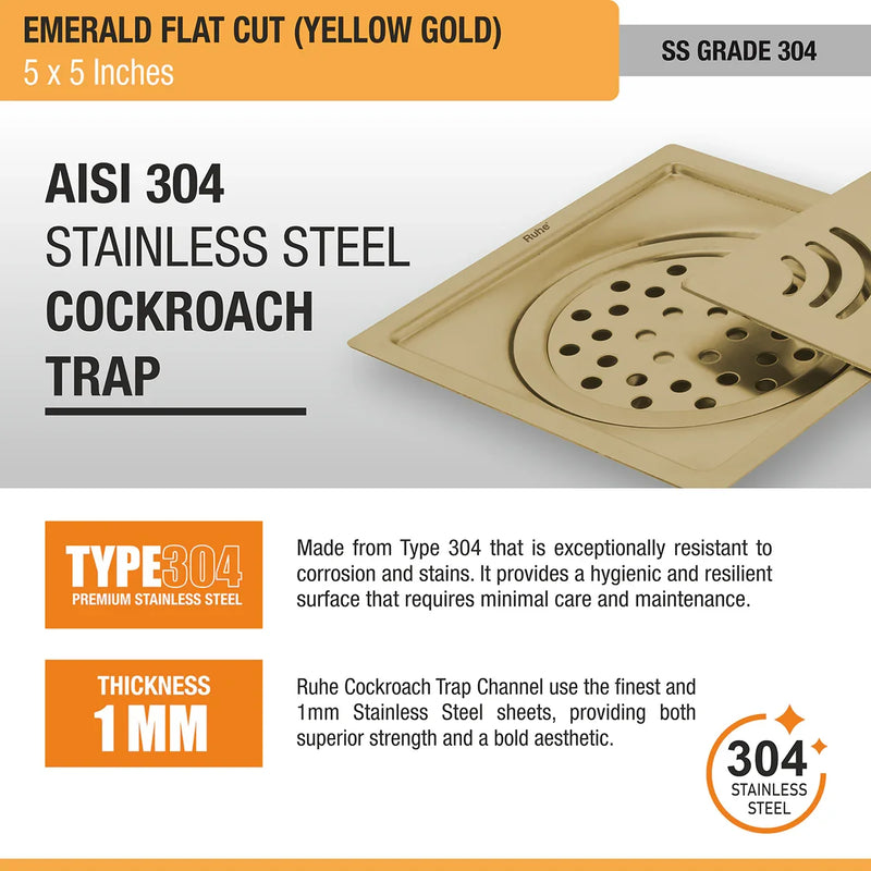 Emerald Square Flat Cut Floor Drain in Yellow Gold PVD Coating (5 x 5 Inches) - by Ruhe