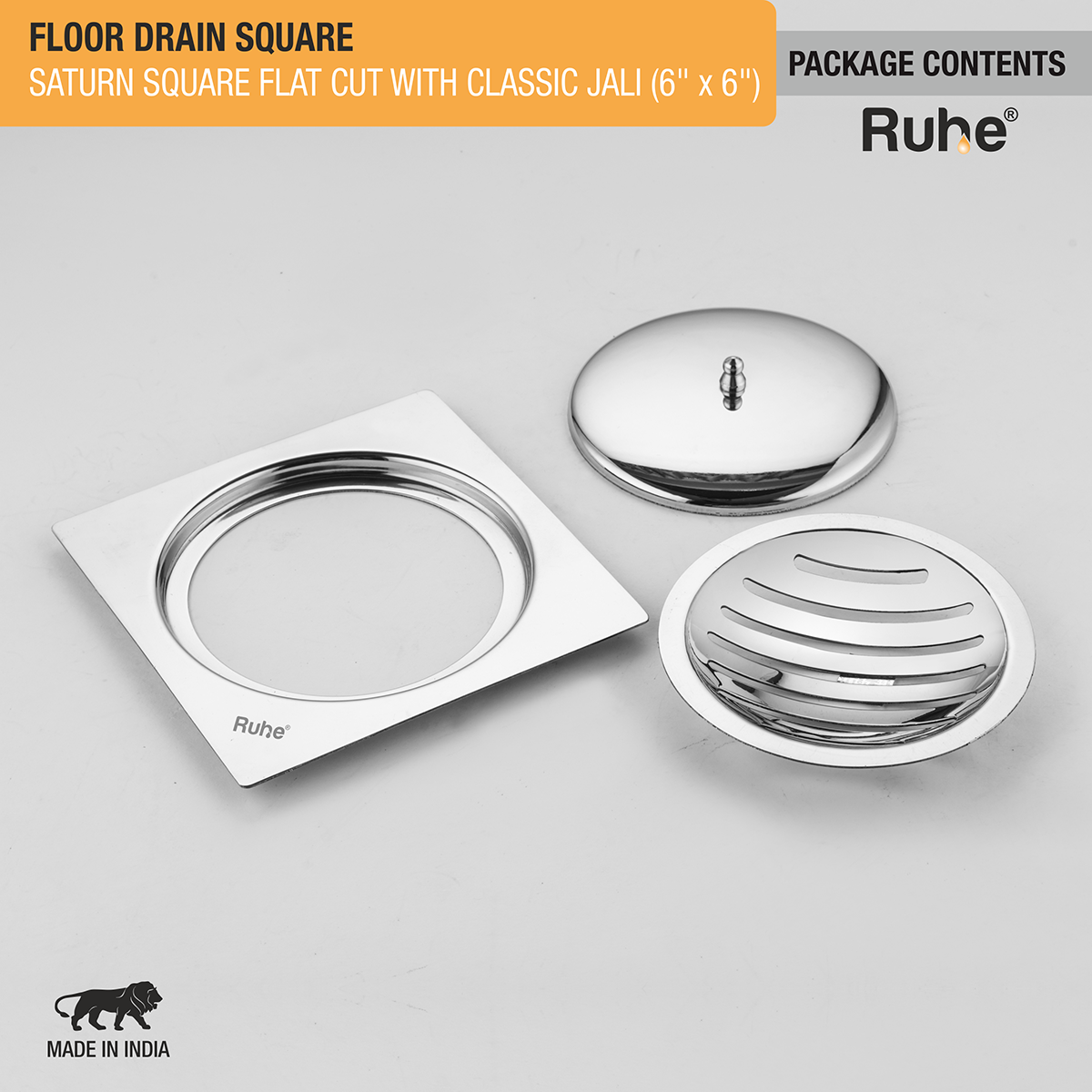 Saturn Classic Jali Square Flat Cut Floor Drain (6 x 6 Inches) with Lid package content