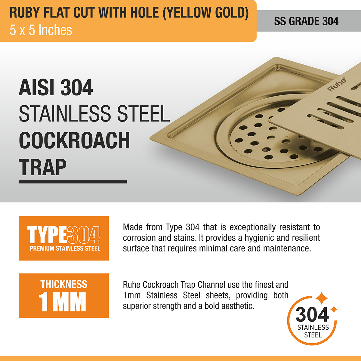 Ruby Square Flat Cut Floor Drain in Yellow Gold PVD Coating (5 x 5 Inches) with Hole stainless steel