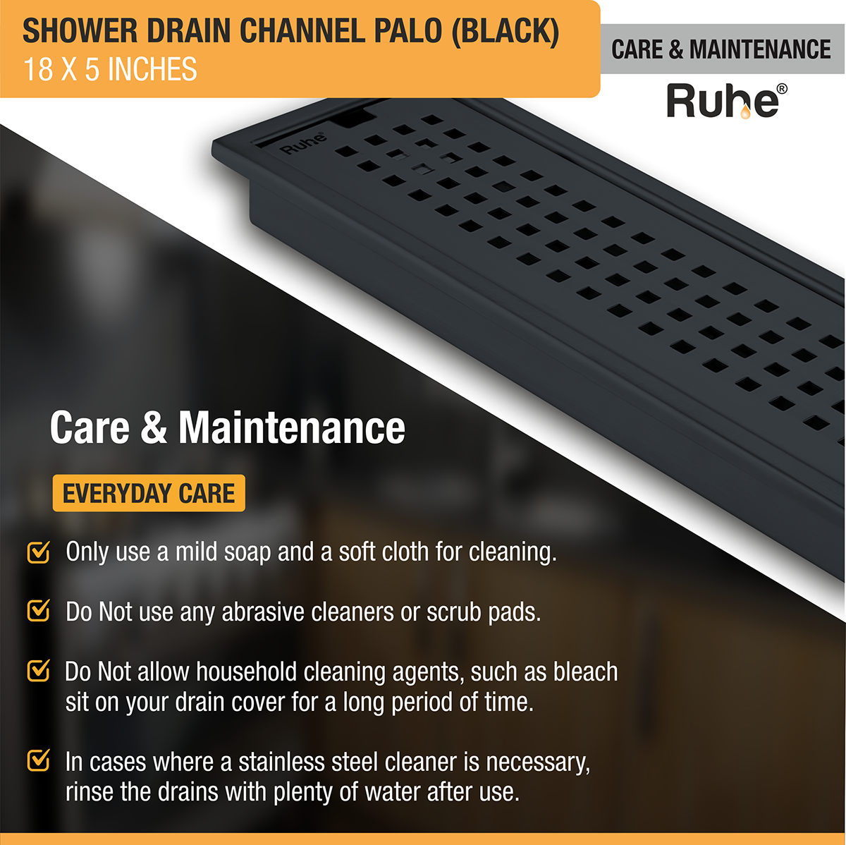 Palo Shower Drain Channel (18 x 5 Inches) Black PVD Coated care and maintenance
