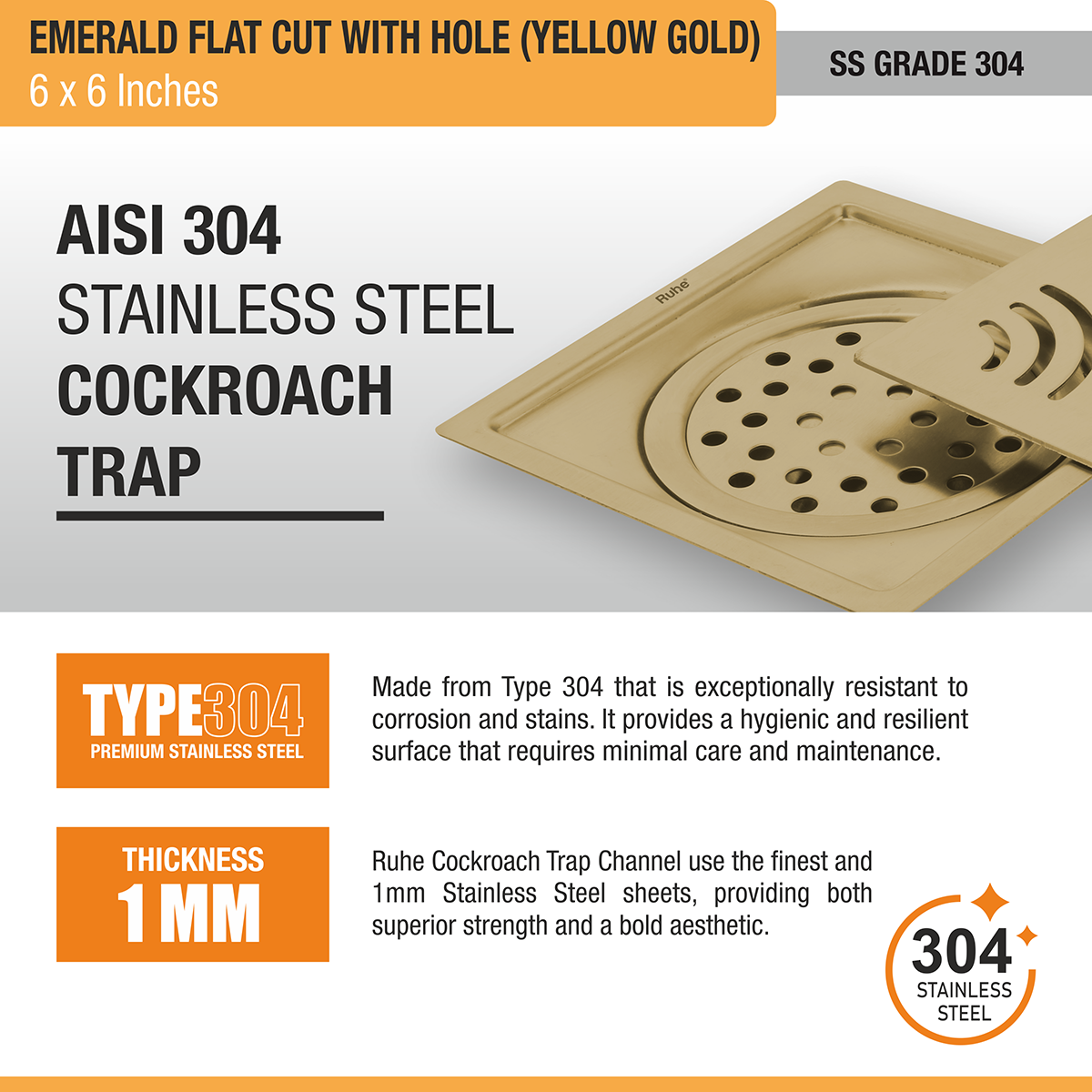 Emerald Square Flat Cut Floor Drain in Yellow Gold PVD Coating (6 x 6 Inches) with Hole stainless steel
