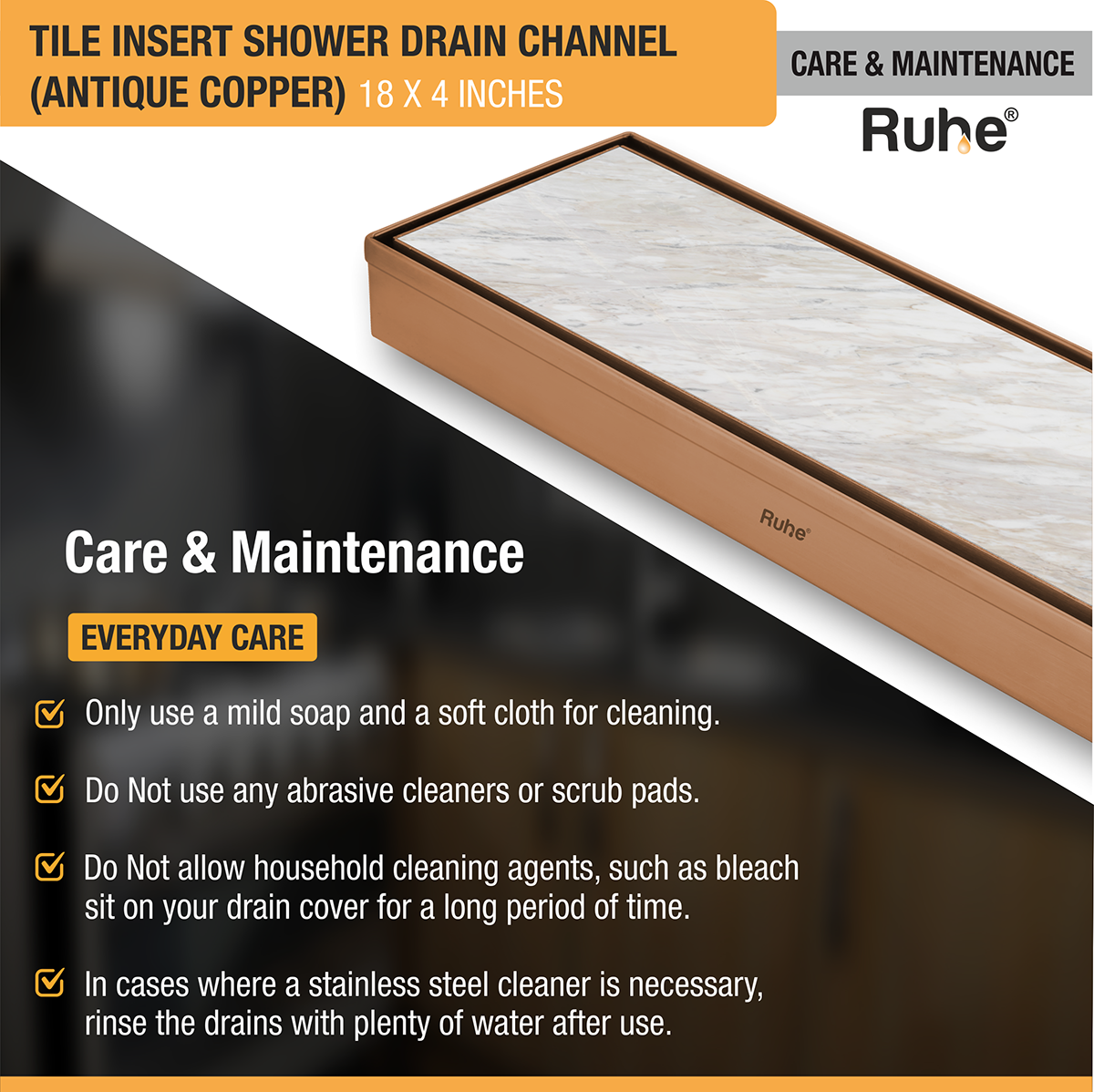 Tile Insert Shower Drain Channel (18 x 4 Inches) ROSE GOLD PVD Coated - by Ruhe®