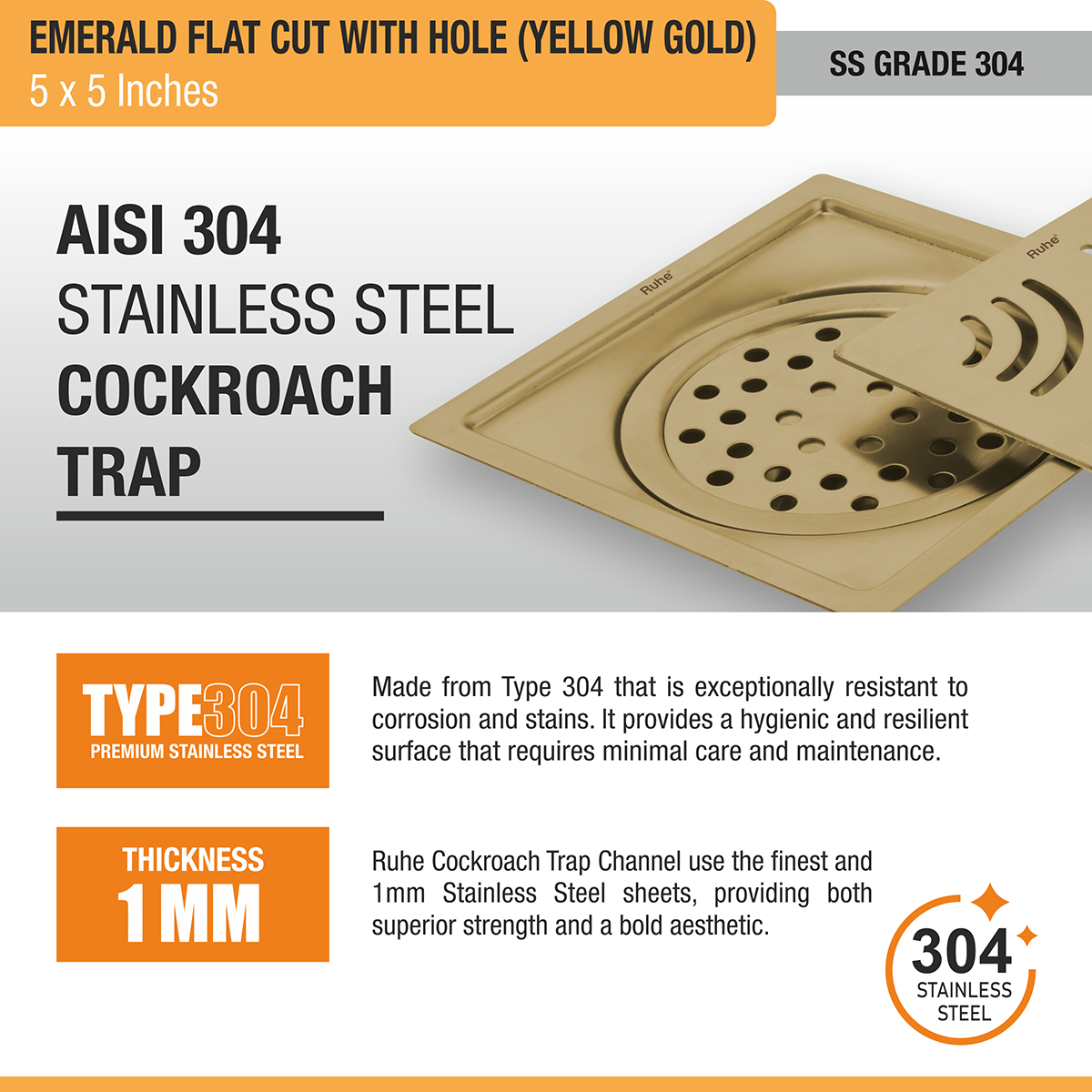Emerald Square Flat Cut Floor Drain in Yellow Gold PVD Coating (5 x 5 Inches) with Hole stainless steel