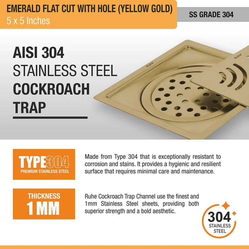 Emerald Square Flat Cut Floor Drain in Yellow Gold PVD Coating (5 x 5 Inches) with Hole - by Ruhe