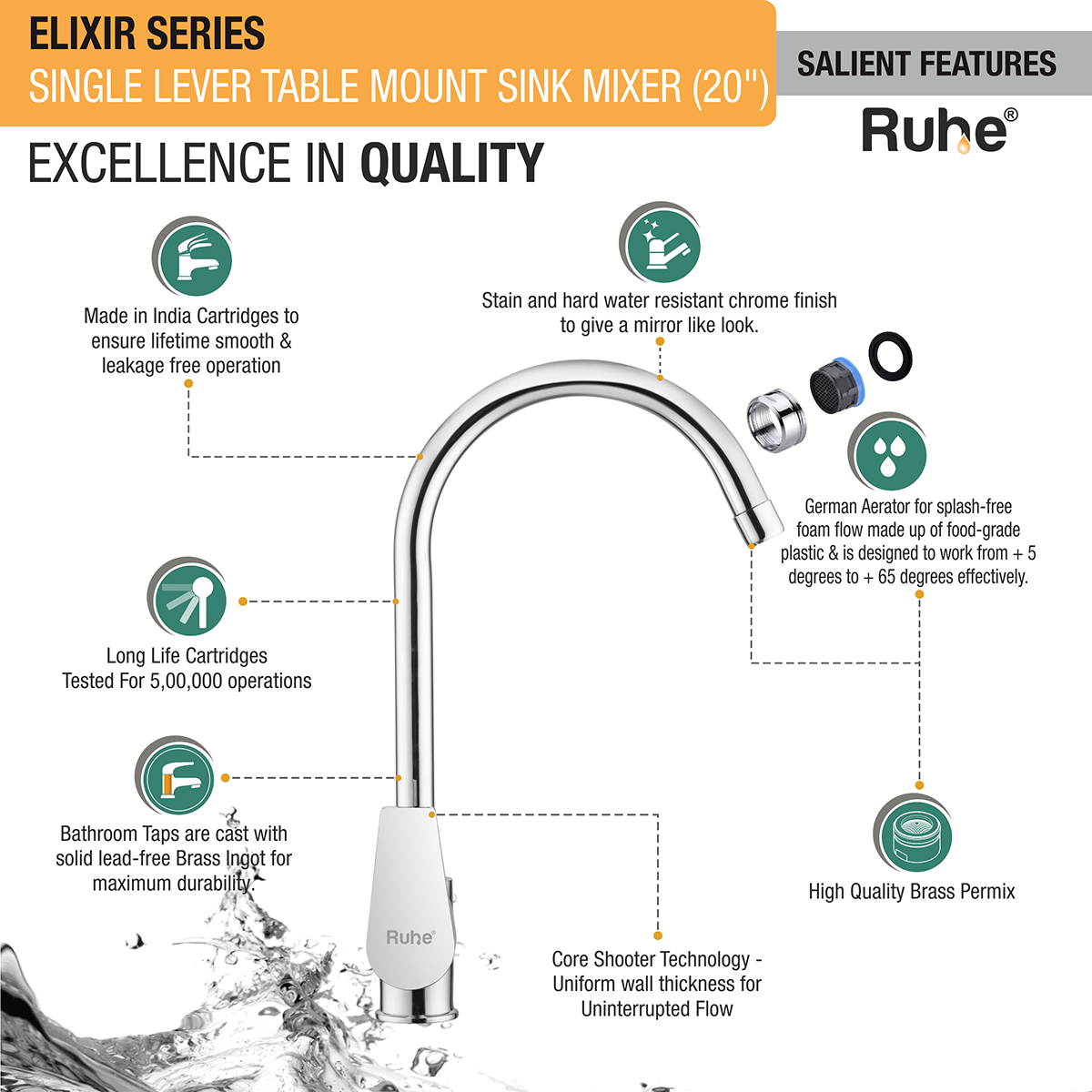 Elixir Single Lever Table Mount Sink Mixer Brass Faucet with Large (20 inches) Round Swivel Spout features and benefits