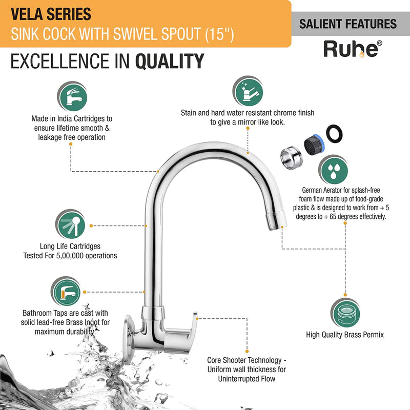 Vela Wall-mount Kitchen Sink Tap with Medium Swivel Spout (15") - by Ruhe