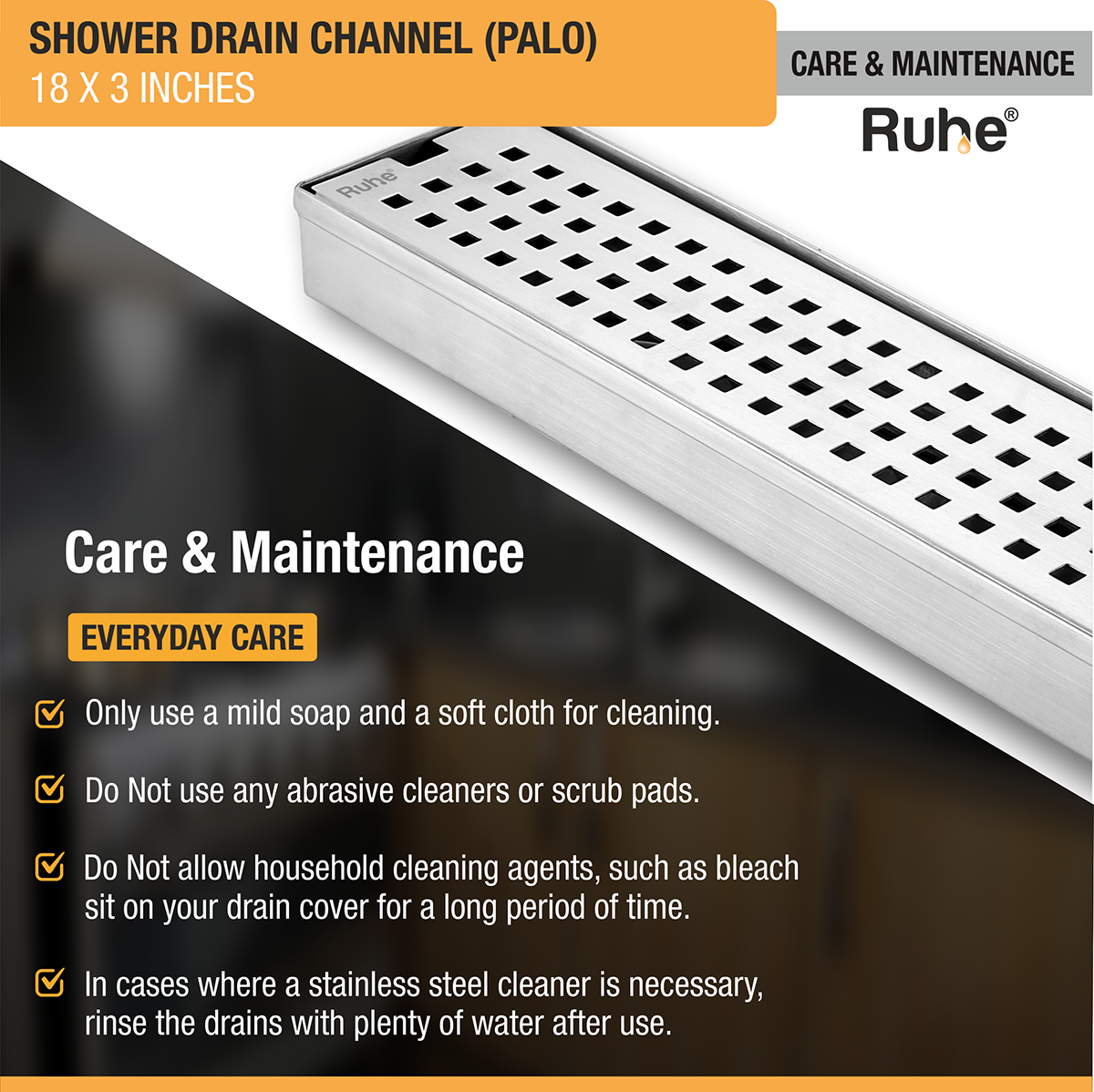 Palo Shower Drain Channel (18 X 3 Inches) with Cockroach Trap (304 Grade) - by Ruhe®