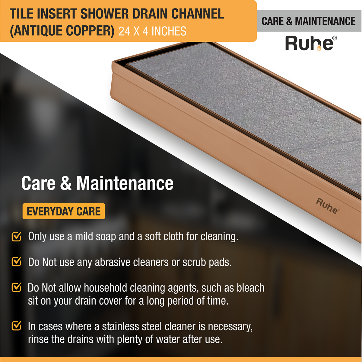 Tile Insert Shower Drain Channel (24 x 4 Inches) ROSE GOLD PVD Coated care and maintenance