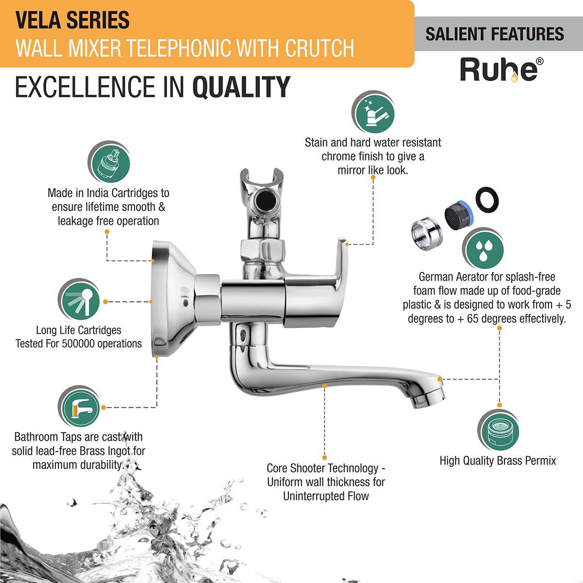 Vela Telephonic Wall Mixer Brass Faucet (with Crutch) - by Ruhe®