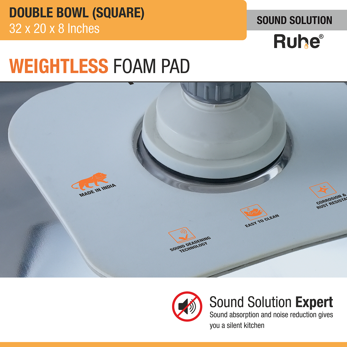 Square Double Bowl 304-Grade (32 x 20 x 8 inches) Kitchen Sink - by Ruhe