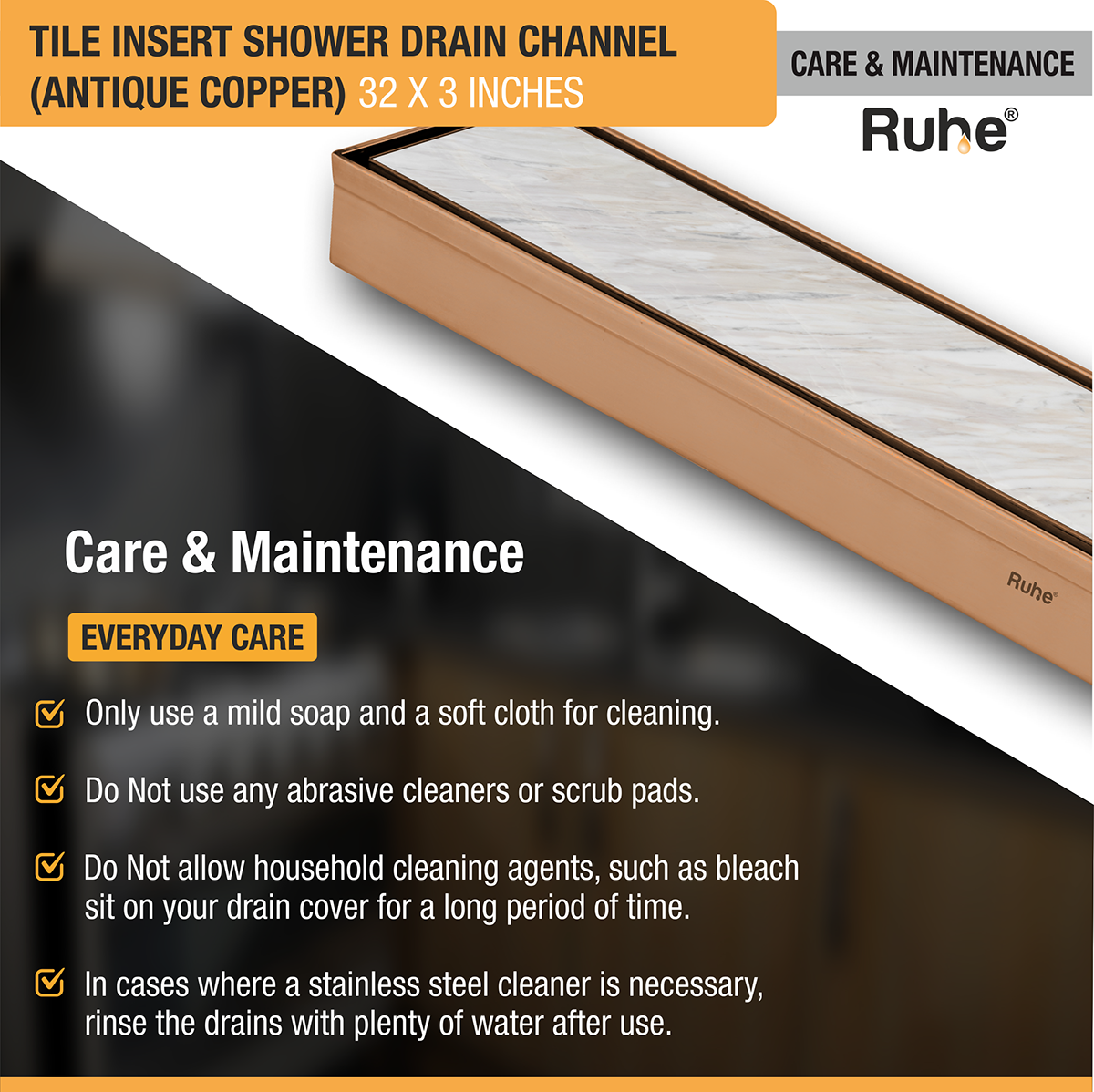 Tile Insert Shower Drain Channel (32 x 3 Inches) ROSE GOLD PVD Coated care and maintenance