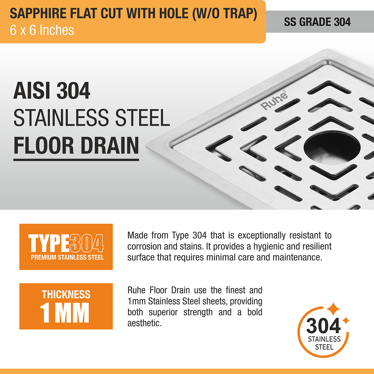 Sapphire Square Flat Cut 304-Grade Floor Drain with Hole (6 x 6 Inches) stainless steel