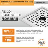 Sapphire Square Flat Cut 304-Grade Floor Drain with Hole (6 x 6 Inches) stainless steel