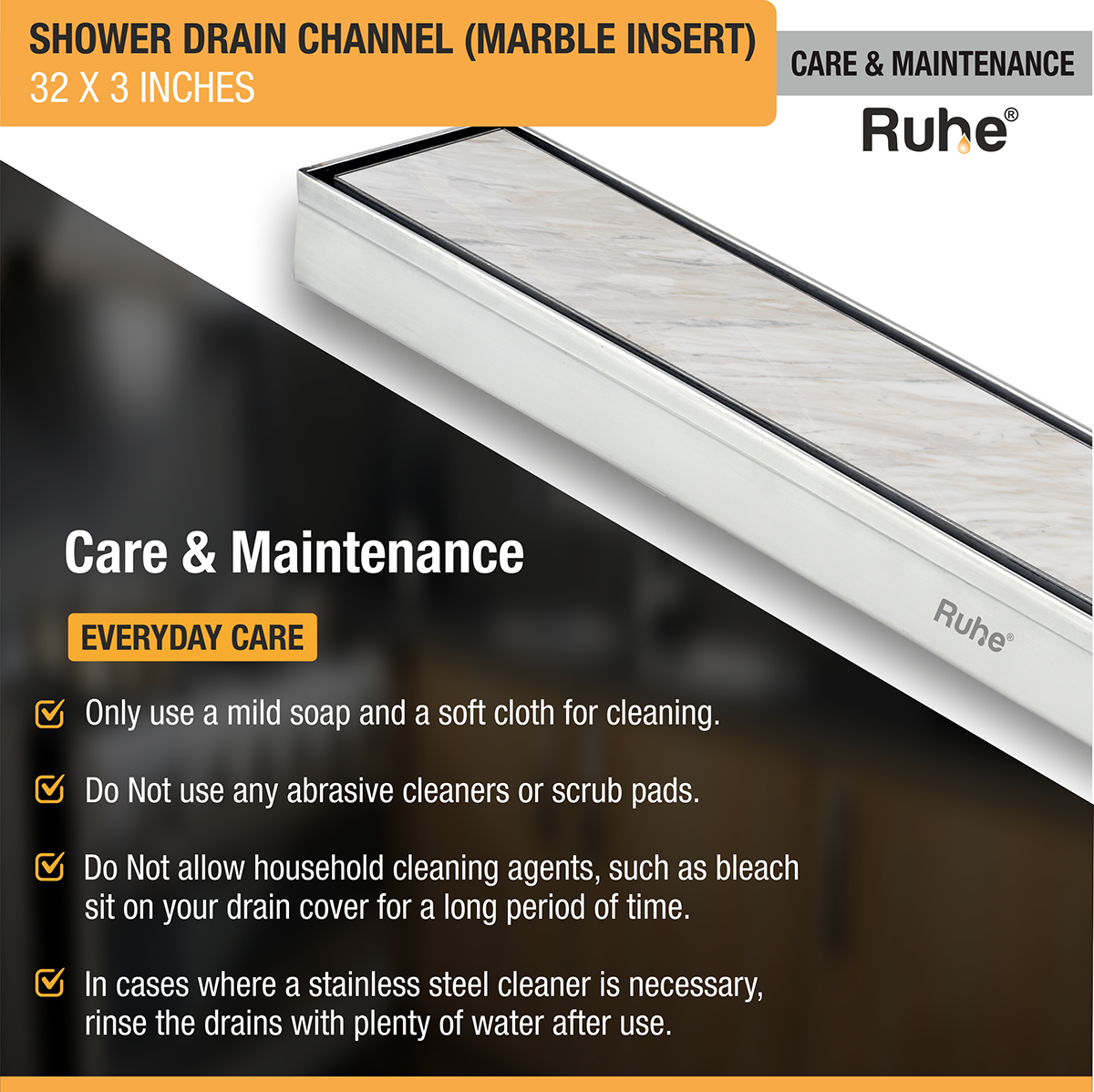 Marble Insert Shower Drain Channel (32 x 3 Inches) with Cockroach Trap (304 Grade) - by Ruhe®