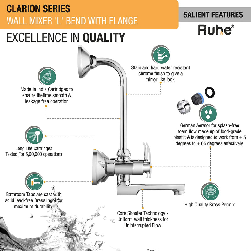 Clarion Wall Mixer Brass Faucet with L Bend - by Ruhe