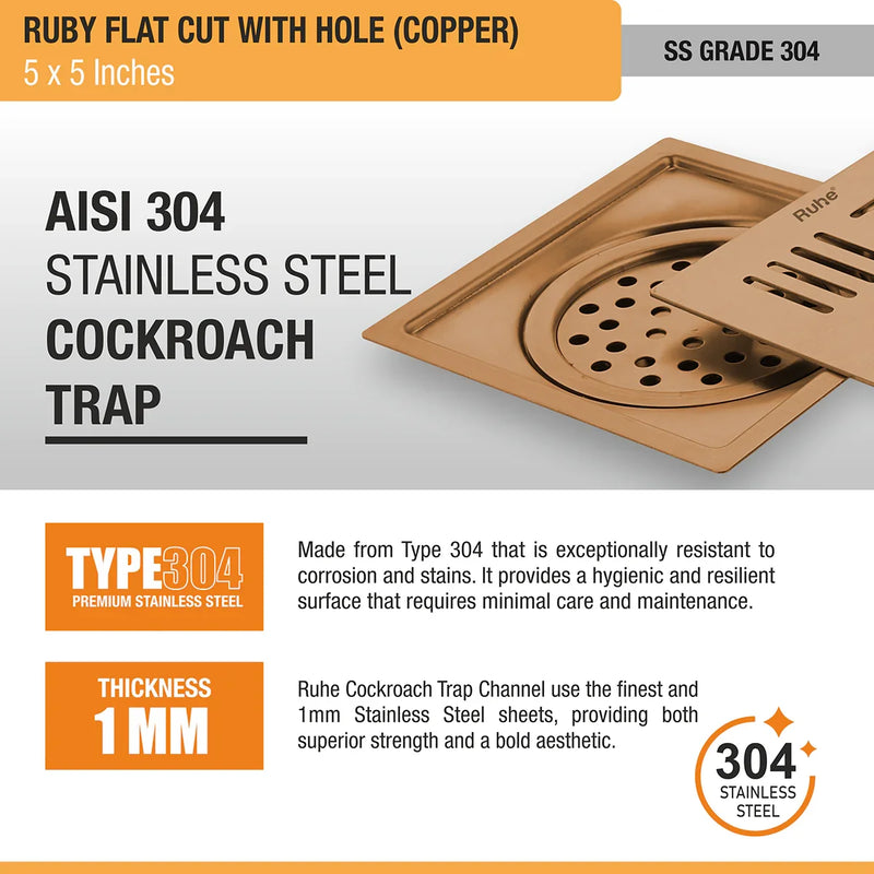 Ruby Square Flat Cut Floor Drain in Antique Copper PVD Coating (5 x 5 Inches) with Hole - by Ruhe