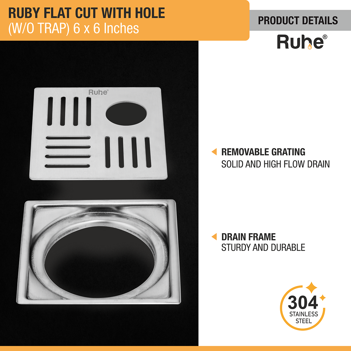 Ruby Square Flat Cut 304-Grade Floor Drain with Hole (6 x 6 Inches) with removable grating cover and drain frame