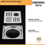 Ruby Square Flat Cut 304-Grade Floor Drain with Hole (6 x 6 Inches) with removable grating cover and drain frame