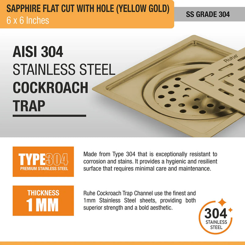 Sapphire Square Flat Cut Floor Drain in Yellow Gold PVD Coating (6 x 6 Inches) with Hole - by Ruhe