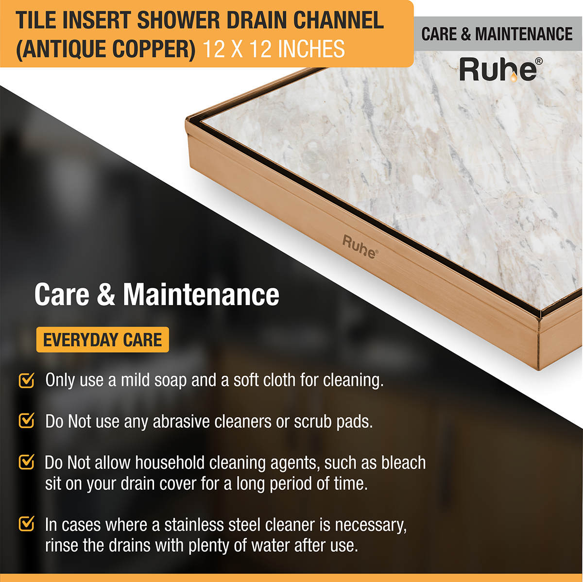 Tile Insert Shower Drain Channel (12 x 12 Inches) ROSE GOLD PVD Coated - by Ruhe®