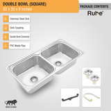 Square Double Bowl Premium Stainless Steel Kitchen Sink (32 x 20 x 8 inches) with sink coupling, waste pipe, and double bowl connector