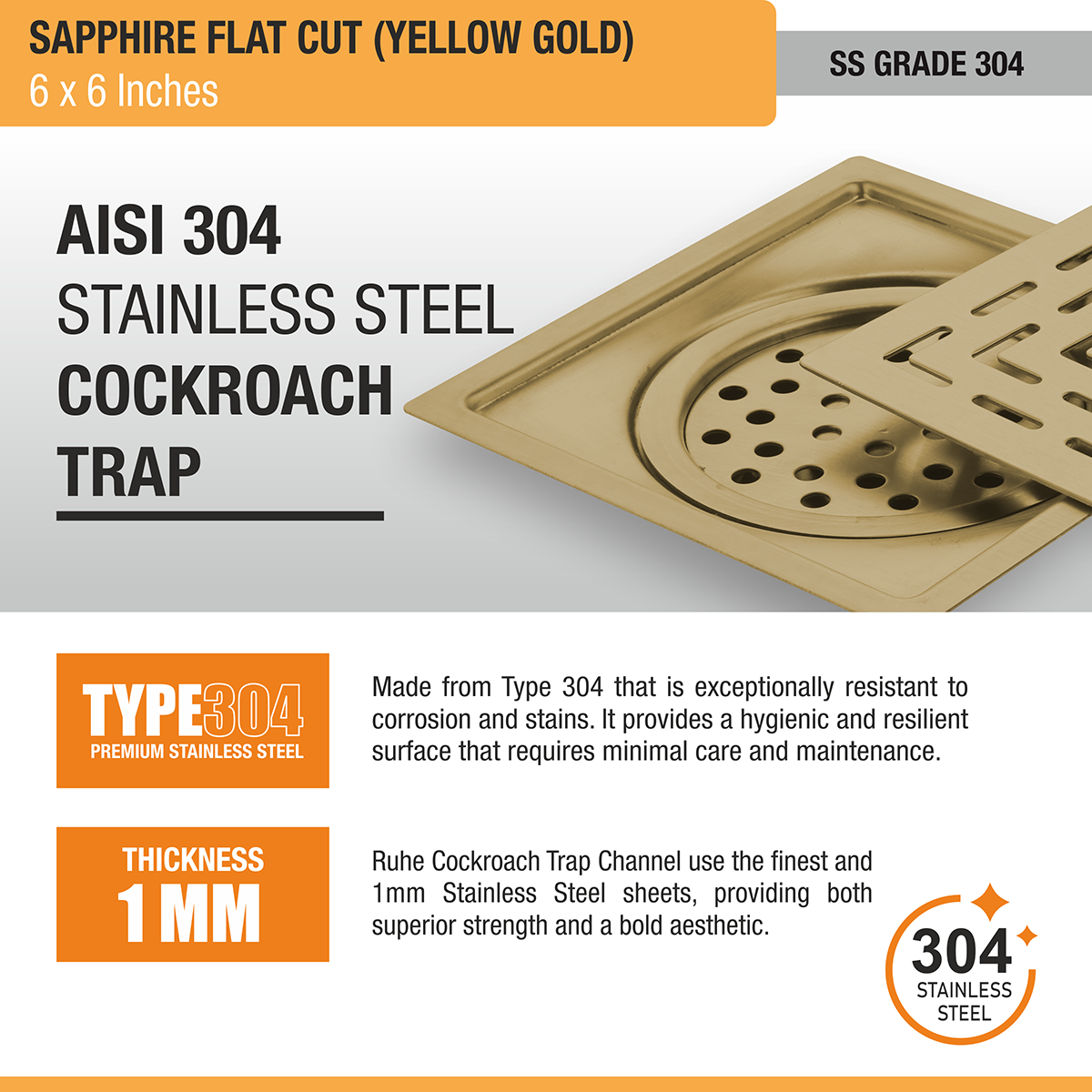Sapphire Square Flat Cut Floor Drain in Yellow Gold PVD Coating (6 x 6 Inches) stainless steel