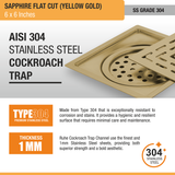 Sapphire Square Flat Cut Floor Drain in Yellow Gold PVD Coating (6 x 6 Inches) stainless steel