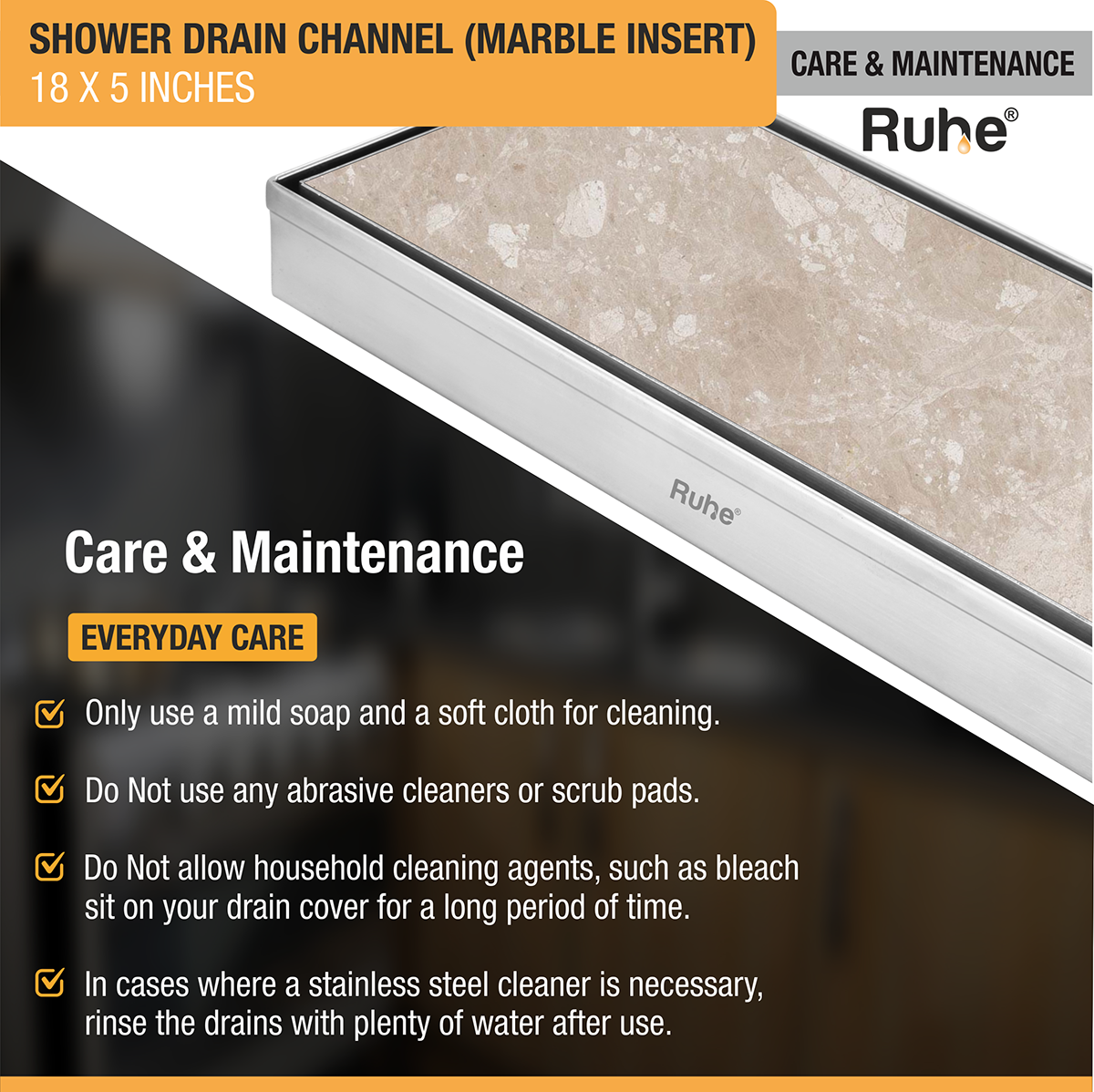 Marble Insert Shower Drain Channel (18 x 5 Inches) with Cockroach Trap (304 Grade) - by Ruhe®