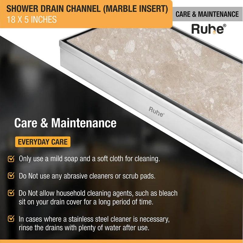 Marble Insert Shower Drain Channel (18 x 5 Inches) with Center Hole & Cockroach Trap (304 Grade)