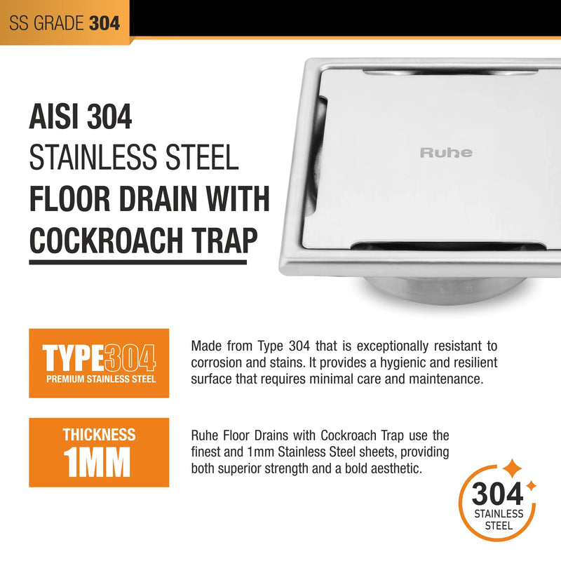 Diamond Square 304-Grade Floor Drain with Collar & Cockroach Trap (6 x 6 Inches) - by Ruhe